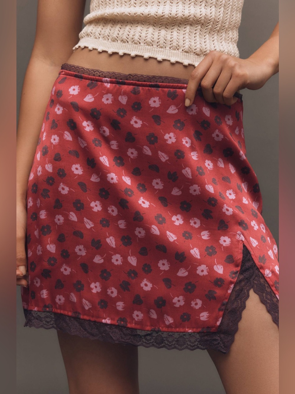 MAEVE Lace-Trim Mini Slip Skirt in Red Floral Size Small
